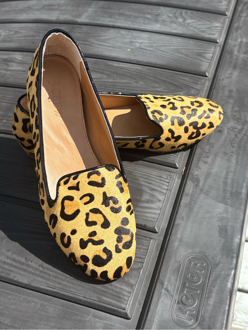 J. Crew leopard calf hair flats black patent leather trim round toe women’s 7